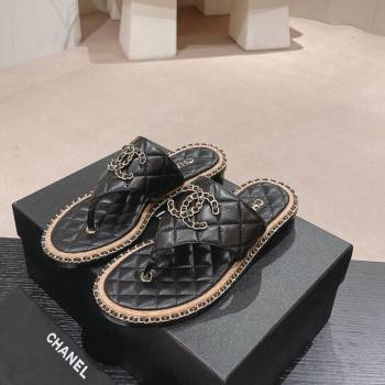 Chanel Quilted Lambskin Flat Thong Slide Sandals with Chain CC Black 2024 0423 (MD-240423053)