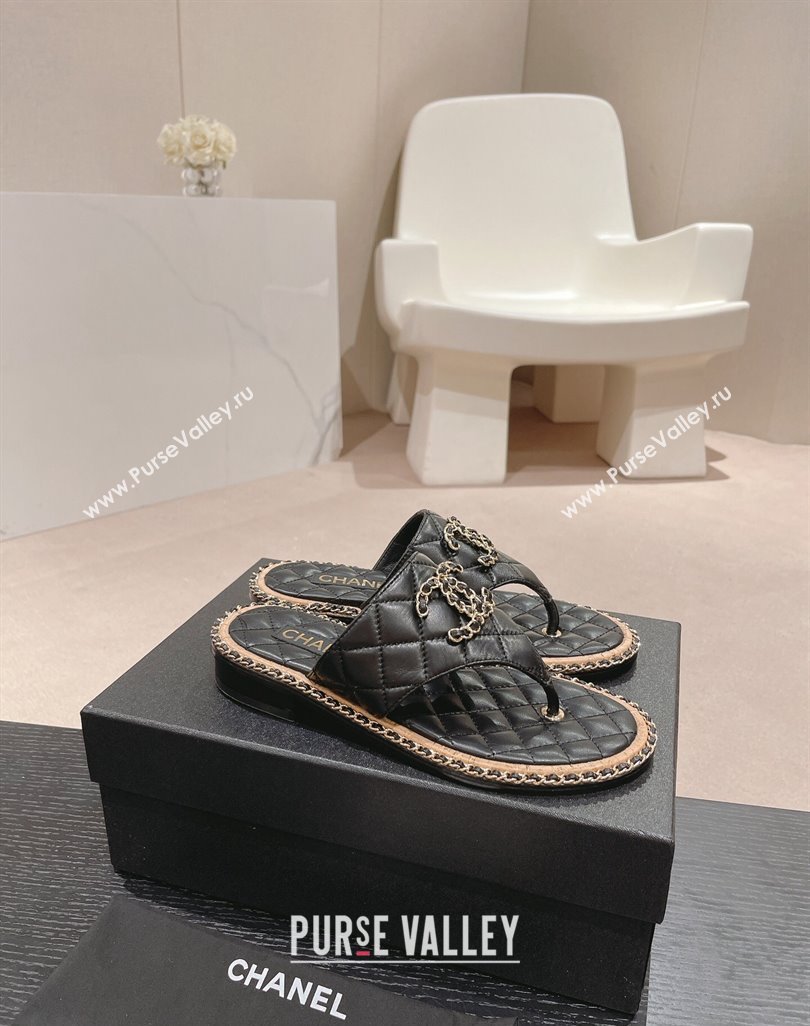 Chanel Quilted Lambskin Flat Thong Slide Sandals with Chain CC Black 2024 0423 (MD-240423053)