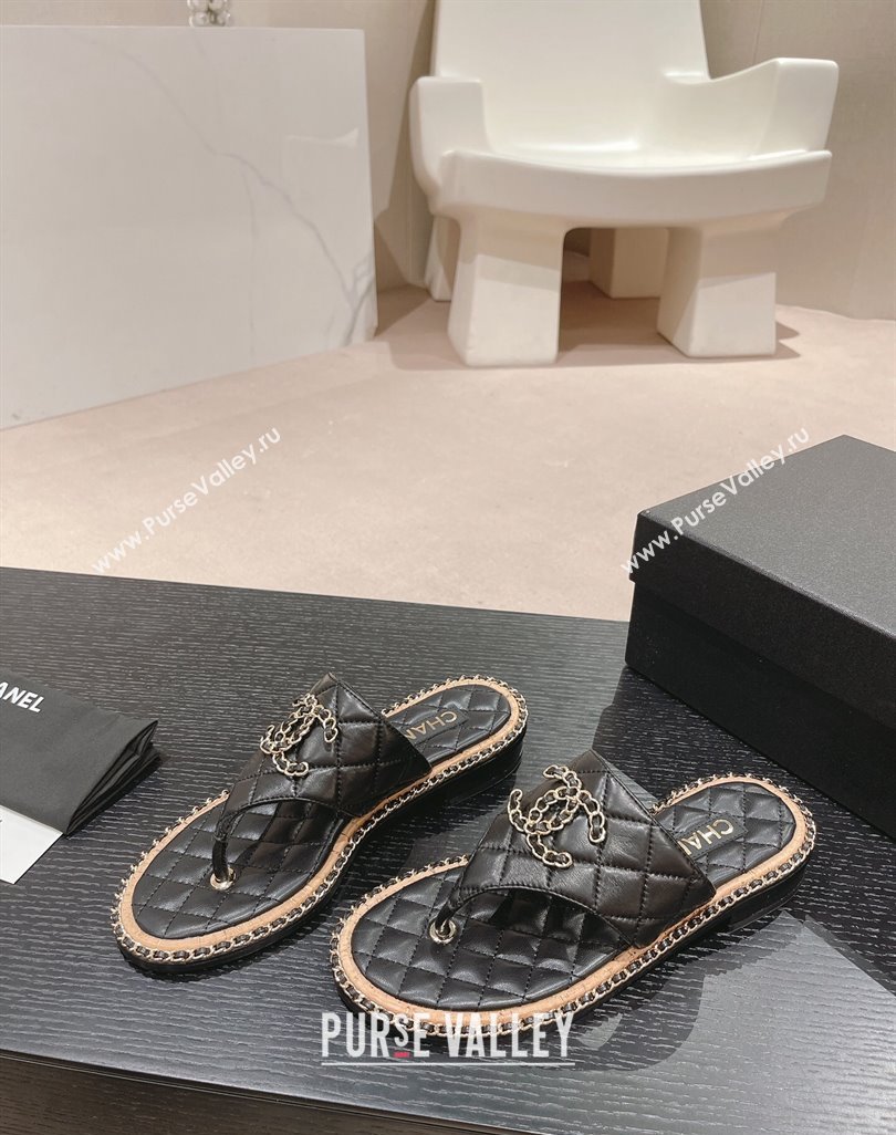 Chanel Quilted Lambskin Flat Thong Slide Sandals with Chain CC Black 2024 0423 (MD-240423053)