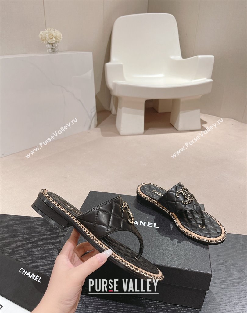 Chanel Quilted Lambskin Flat Thong Slide Sandals with Chain CC Black 2024 0423 (MD-240423053)