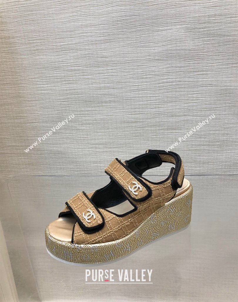 Chanel Tweed Wedge Sandals with Crystals and Letters Beige 2024 0423 (MD-240423006)