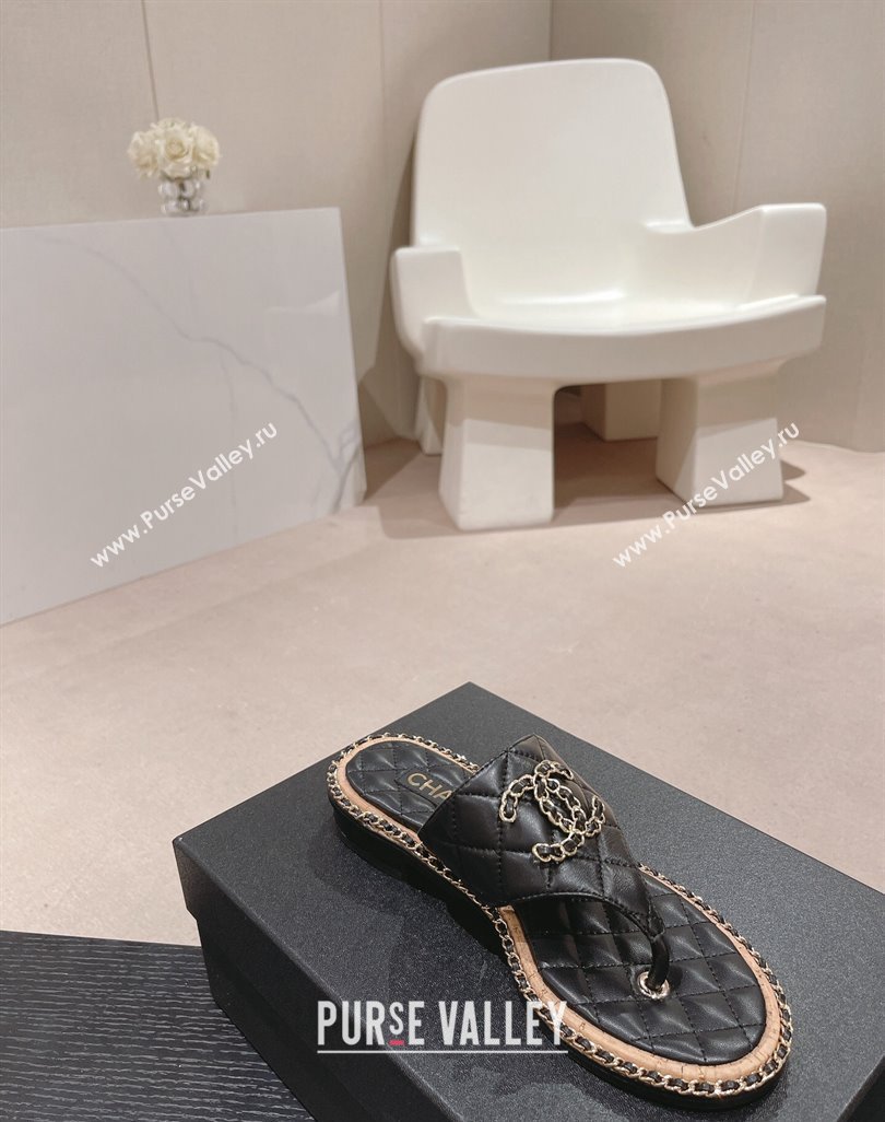 Chanel Quilted Lambskin Flat Thong Slide Sandals with Chain CC Black 2024 0423 (MD-240423053)