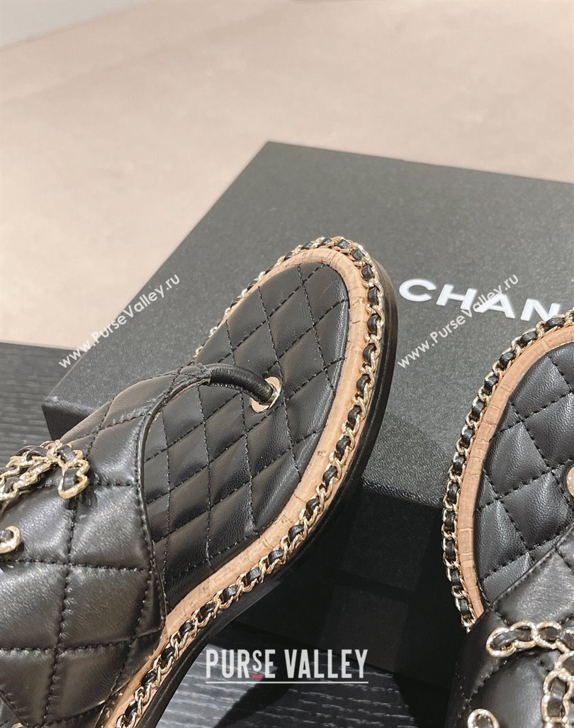 Chanel Quilted Lambskin Flat Thong Slide Sandals with Chain CC Black 2024 0423 (MD-240423053)