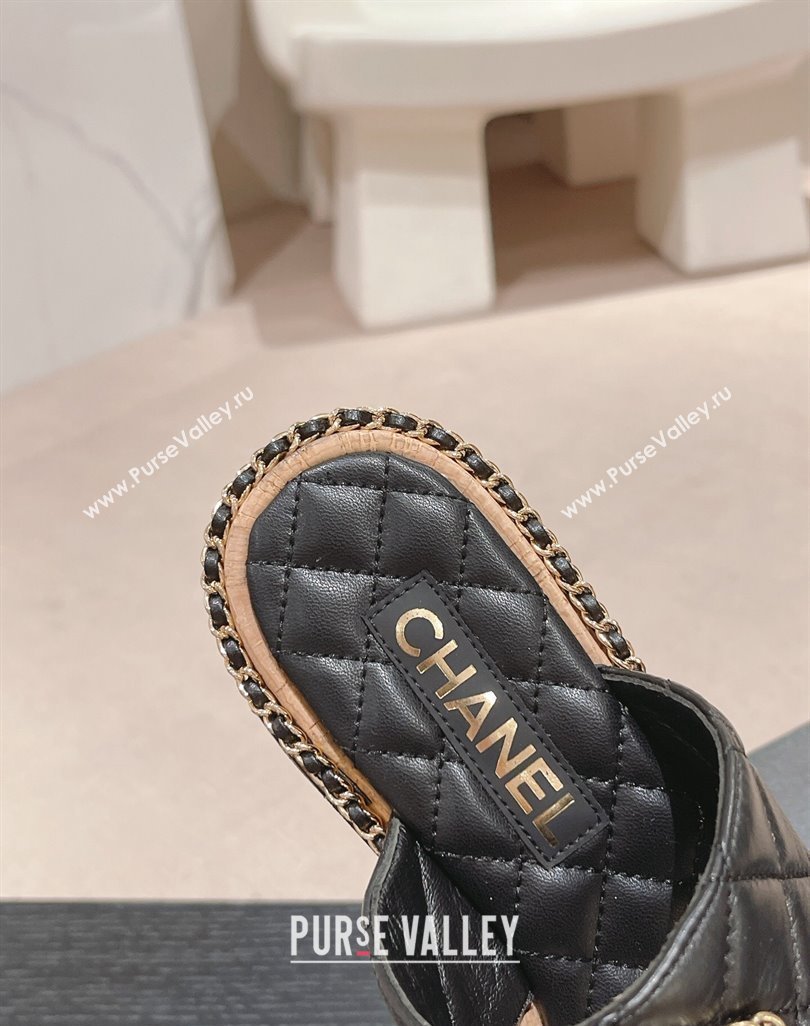 Chanel Quilted Lambskin Flat Thong Slide Sandals with Chain CC Black 2024 0423 (MD-240423053)