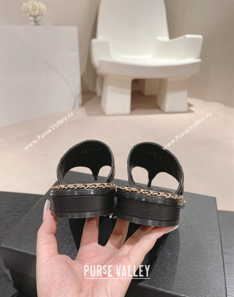 Chanel Quilted Lambskin Flat Thong Slide Sandals with Chain CC Black 2024 0423 (MD-240423053)