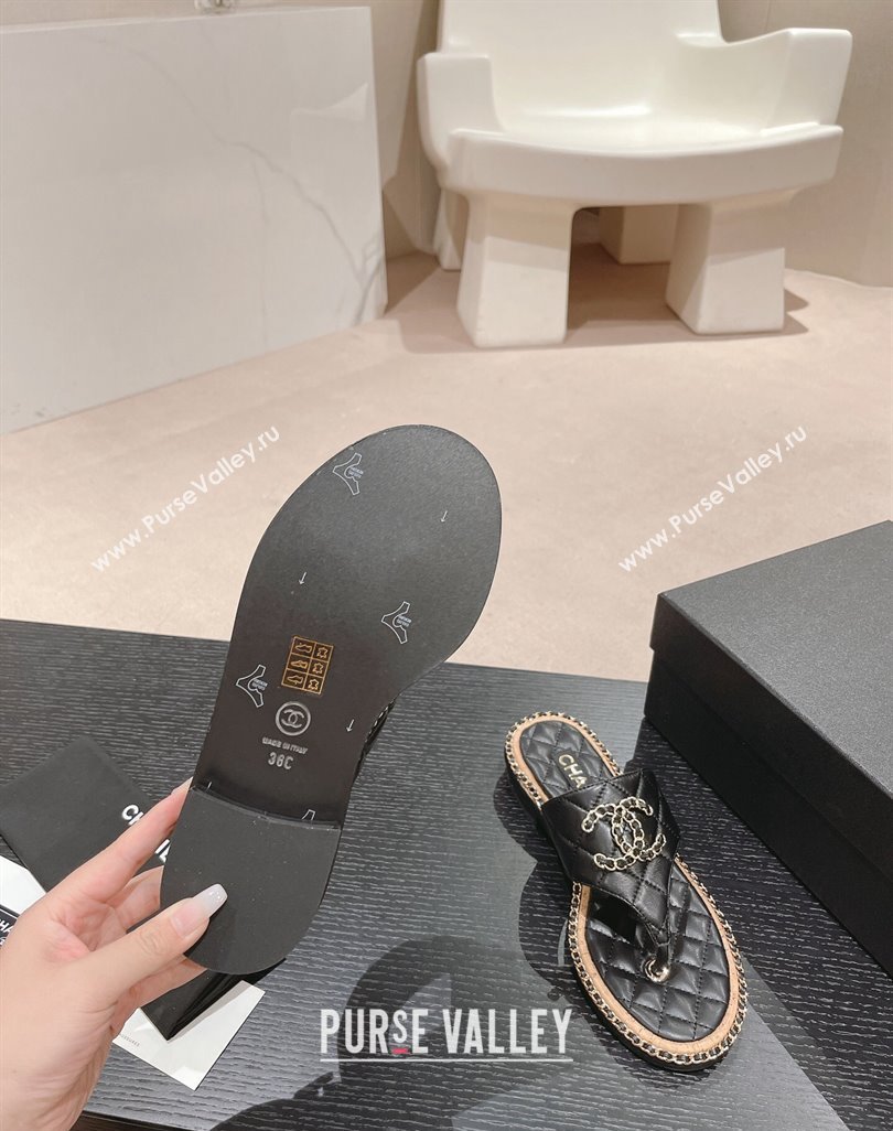 Chanel Quilted Lambskin Flat Thong Slide Sandals with Chain CC Black 2024 0423 (MD-240423053)