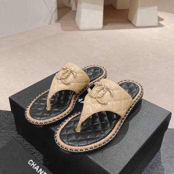 Chanel Quilted Lambskin Flat Thong Slide Sandals with Chain CC Beige 2024 0423 (MD-240423054)