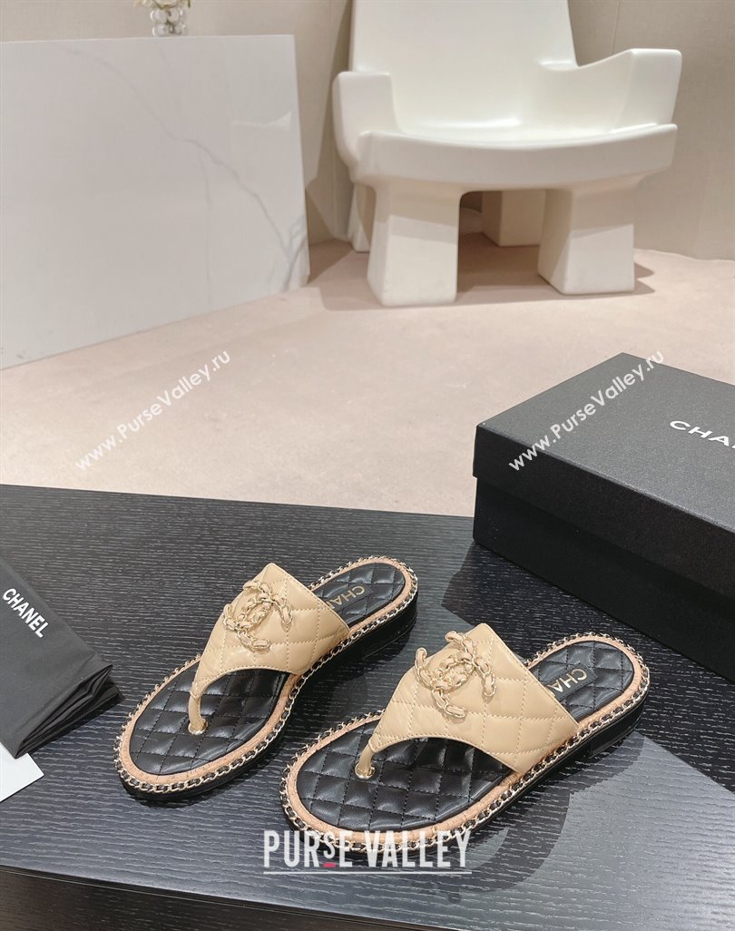 Chanel Quilted Lambskin Flat Thong Slide Sandals with Chain CC Beige 2024 0423 (MD-240423054)