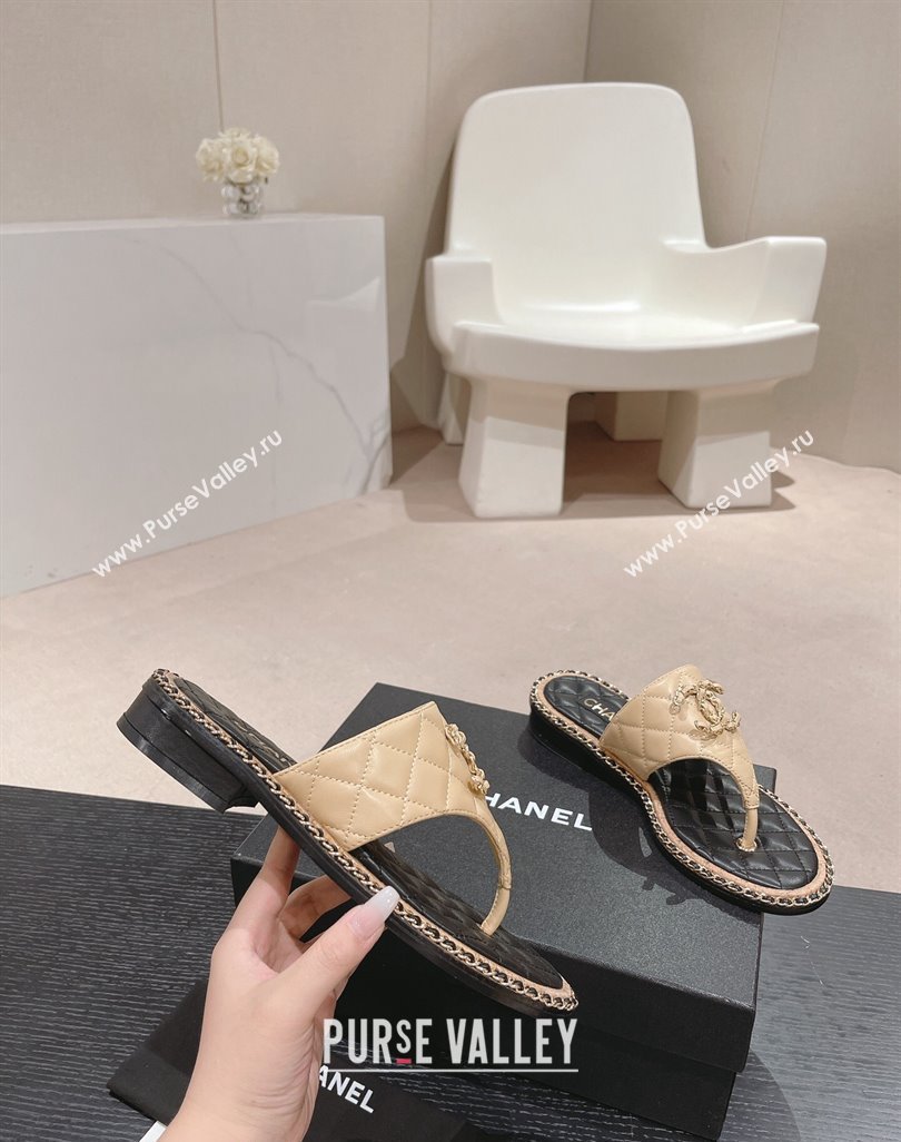 Chanel Quilted Lambskin Flat Thong Slide Sandals with Chain CC Beige 2024 0423 (MD-240423054)