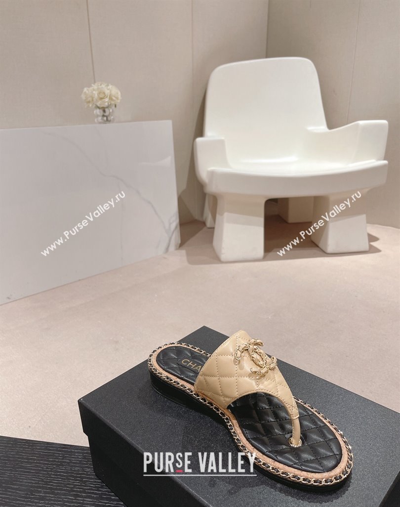 Chanel Quilted Lambskin Flat Thong Slide Sandals with Chain CC Beige 2024 0423 (MD-240423054)