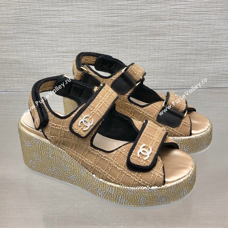 Chanel Tweed Wedge Sandals with Crystals and Letters Beige 2024 0423 (MD-240423006)