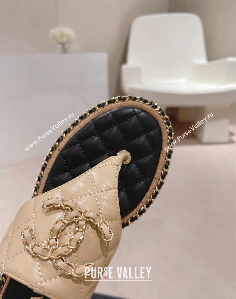 Chanel Quilted Lambskin Flat Thong Slide Sandals with Chain CC Beige 2024 0423 (MD-240423054)