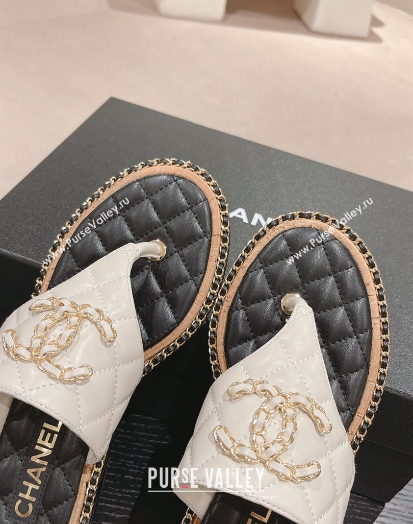 Chanel Quilted Lambskin Flat Thong Slide Sandals with Chain CC White 2024 0423 (MD-240423055)