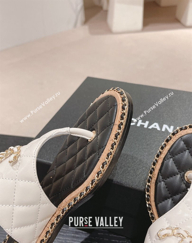 Chanel Quilted Lambskin Flat Thong Slide Sandals with Chain CC White 2024 0423 (MD-240423055)