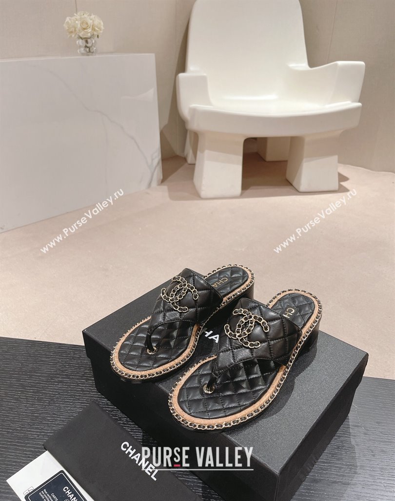 Chanel Quilted Lambskin Heel Thong Slide Sandals 4cm with Chain CC Black 2024 0423 (MD-240423056)
