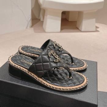 Chanel Quilted Lambskin Heel Thong Slide Sandals 4cm with Chain CC Black 2024 0423 (MD-240423056)