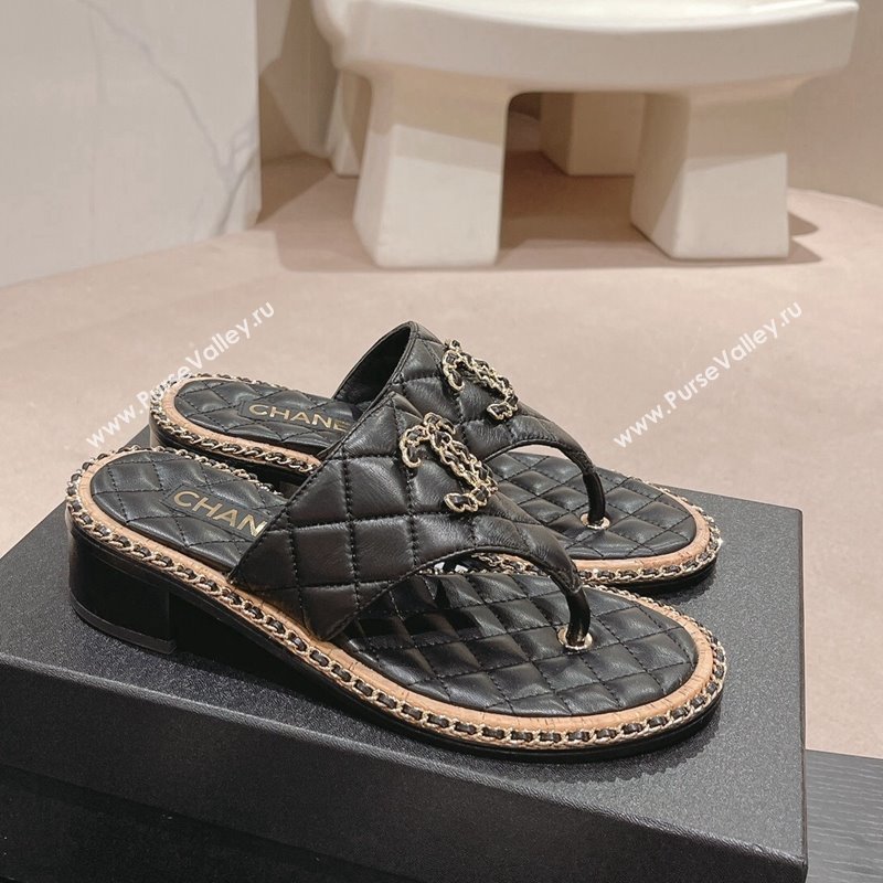Chanel Quilted Lambskin Heel Thong Slide Sandals 4cm with Chain CC Black 2024 0423 (MD-240423056)