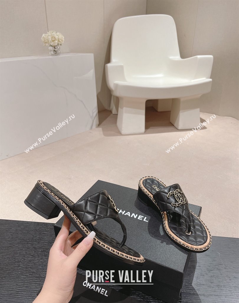 Chanel Quilted Lambskin Heel Thong Slide Sandals 4cm with Chain CC Black 2024 0423 (MD-240423056)
