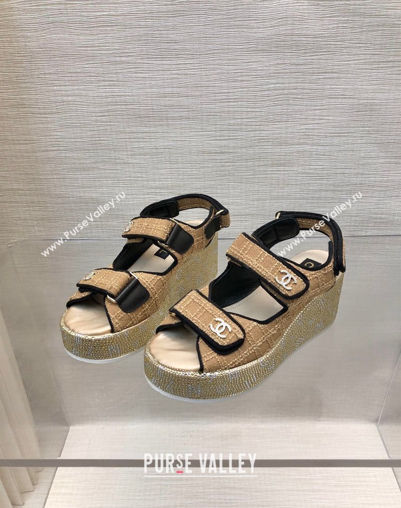Chanel Tweed Wedge Sandals with Crystals and Letters Beige 2024 0423 (MD-240423006)