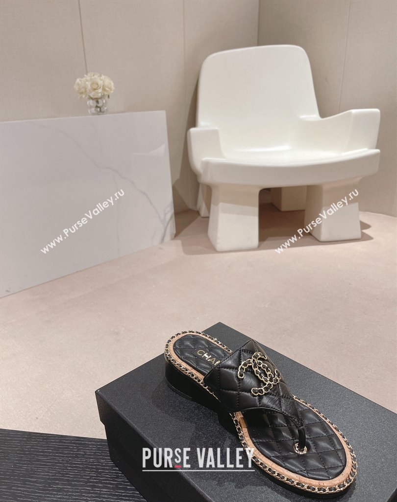 Chanel Quilted Lambskin Heel Thong Slide Sandals 4cm with Chain CC Black 2024 0423 (MD-240423056)
