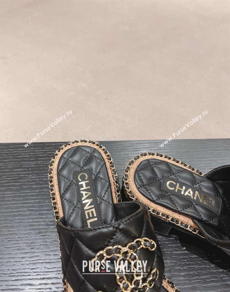 Chanel Quilted Lambskin Heel Thong Slide Sandals 4cm with Chain CC Black 2024 0423 (MD-240423056)