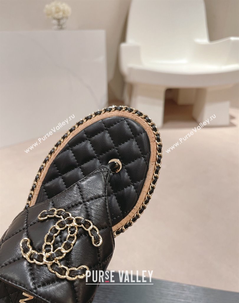 Chanel Quilted Lambskin Heel Thong Slide Sandals 4cm with Chain CC Black 2024 0423 (MD-240423056)