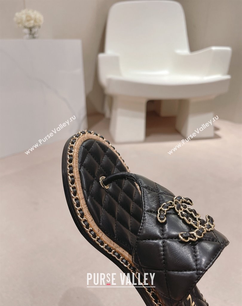 Chanel Quilted Lambskin Heel Thong Slide Sandals 4cm with Chain CC Black 2024 0423 (MD-240423056)