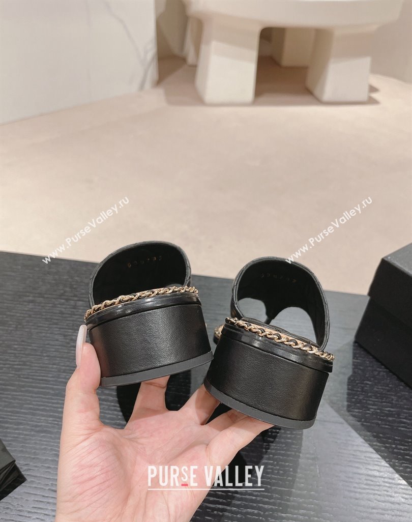Chanel Quilted Lambskin Heel Thong Slide Sandals 4cm with Chain CC Black 2024 0423 (MD-240423056)
