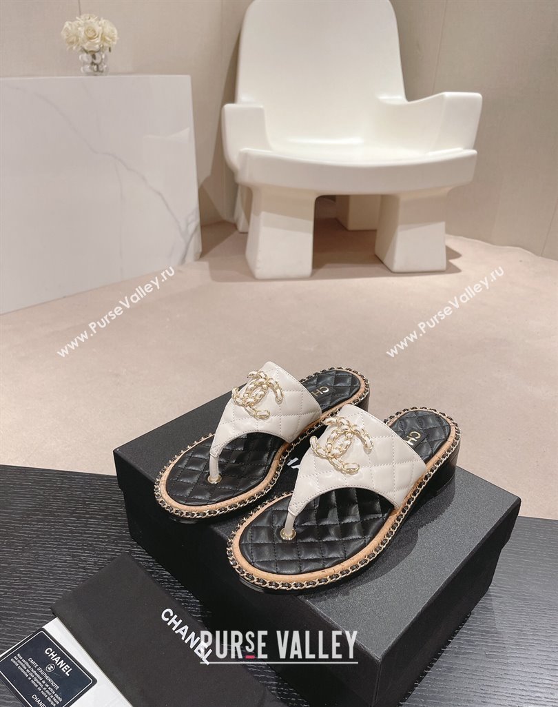 Chanel Quilted Lambskin Heel Thong Slide Sandals 4cm with Chain CC White 2024 0423 (MD-240423057)