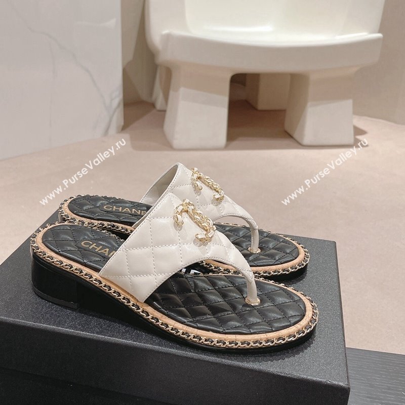 Chanel Quilted Lambskin Heel Thong Slide Sandals 4cm with Chain CC White 2024 0423 (MD-240423057)