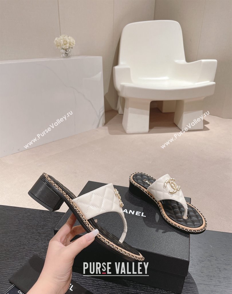 Chanel Quilted Lambskin Heel Thong Slide Sandals 4cm with Chain CC White 2024 0423 (MD-240423057)