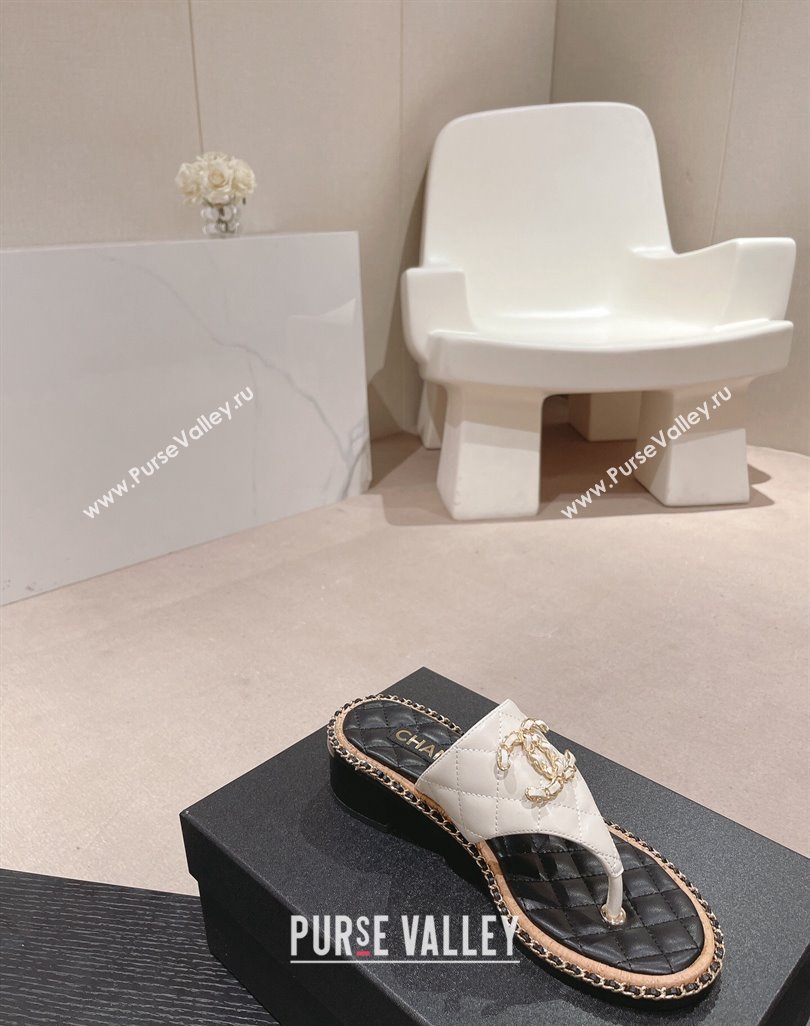 Chanel Quilted Lambskin Heel Thong Slide Sandals 4cm with Chain CC White 2024 0423 (MD-240423057)