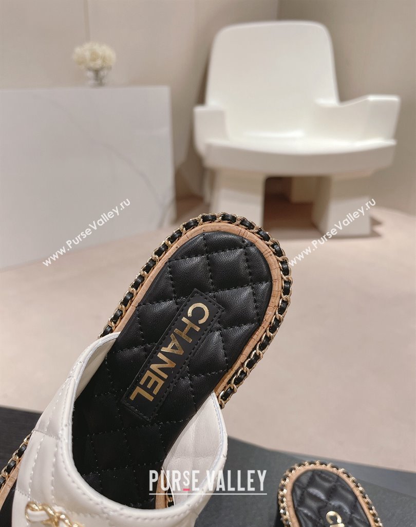 Chanel Quilted Lambskin Heel Thong Slide Sandals 4cm with Chain CC White 2024 0423 (MD-240423057)