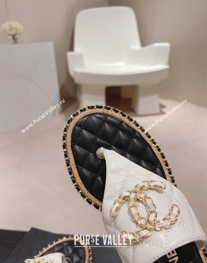 Chanel Quilted Lambskin Heel Thong Slide Sandals 4cm with Chain CC White 2024 0423 (MD-240423057)