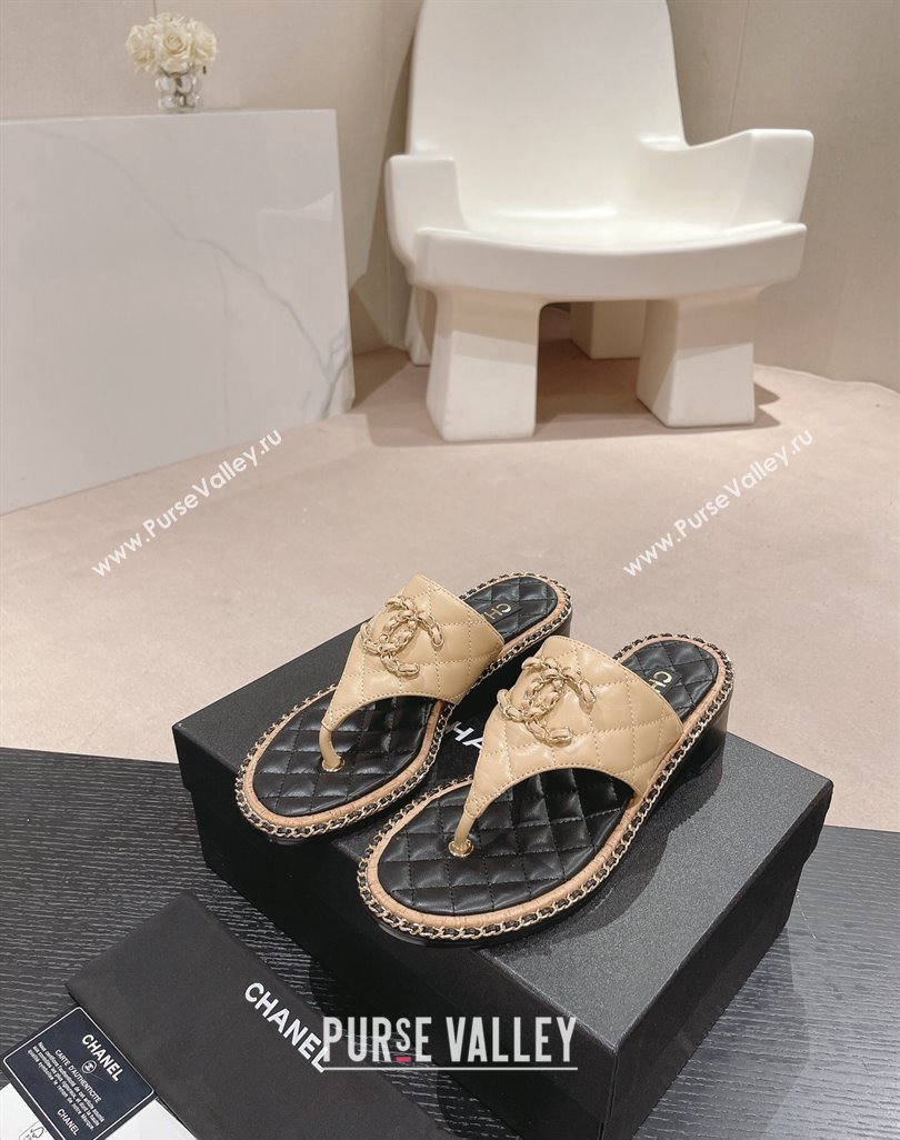 Chanel Quilted Lambskin Heel Thong Slide Sandals 4cm with Chain CC Beige 2024 0423 (MD-240423058)