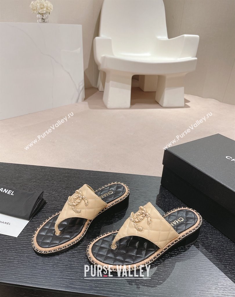 Chanel Quilted Lambskin Heel Thong Slide Sandals 4cm with Chain CC Beige 2024 0423 (MD-240423058)