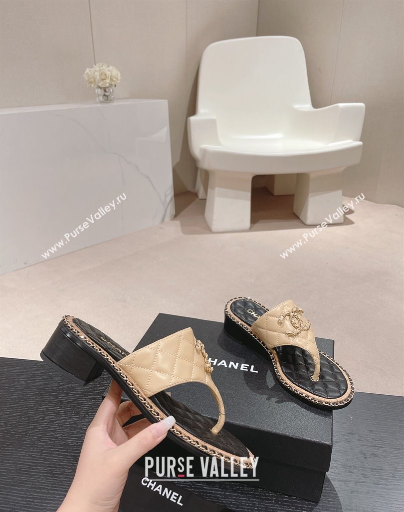 Chanel Quilted Lambskin Heel Thong Slide Sandals 4cm with Chain CC Beige 2024 0423 (MD-240423058)