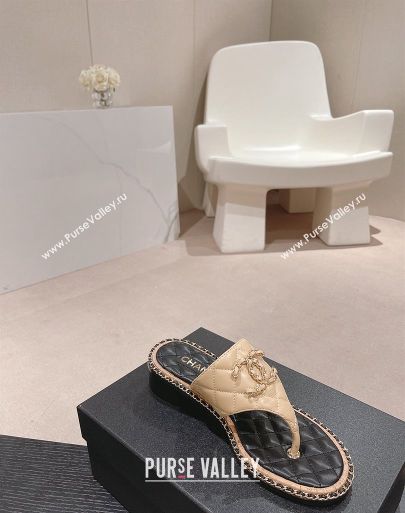 Chanel Quilted Lambskin Heel Thong Slide Sandals 4cm with Chain CC Beige 2024 0423 (MD-240423058)