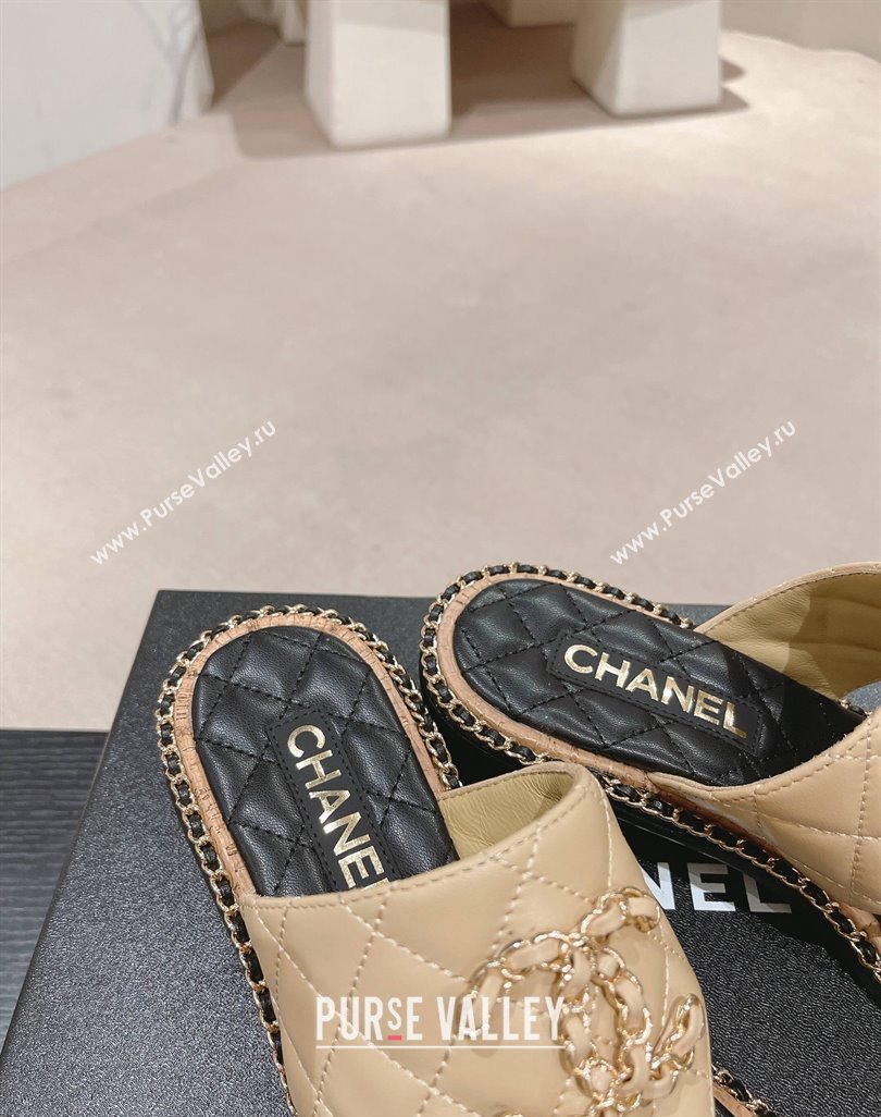 Chanel Quilted Lambskin Heel Thong Slide Sandals 4cm with Chain CC Beige 2024 0423 (MD-240423058)