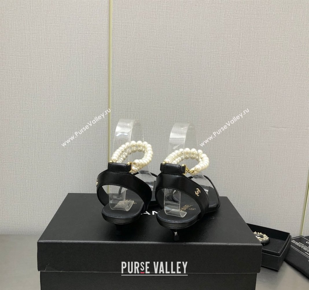 Chanel Lambskin Heel Sandals with Pearls Ankle Strap Black 2024 0423 (MD-240423001)