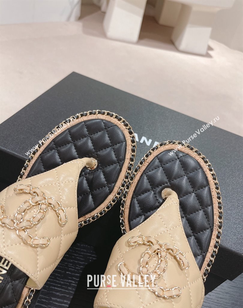 Chanel Quilted Lambskin Heel Thong Slide Sandals 4cm with Chain CC Beige 2024 0423 (MD-240423058)