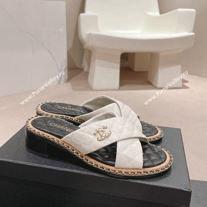 Chanel Quilted Lambskin Heel Slide Sandals 4cm with Chain and Cross Strap White 2024 0423 (MD-240423059)