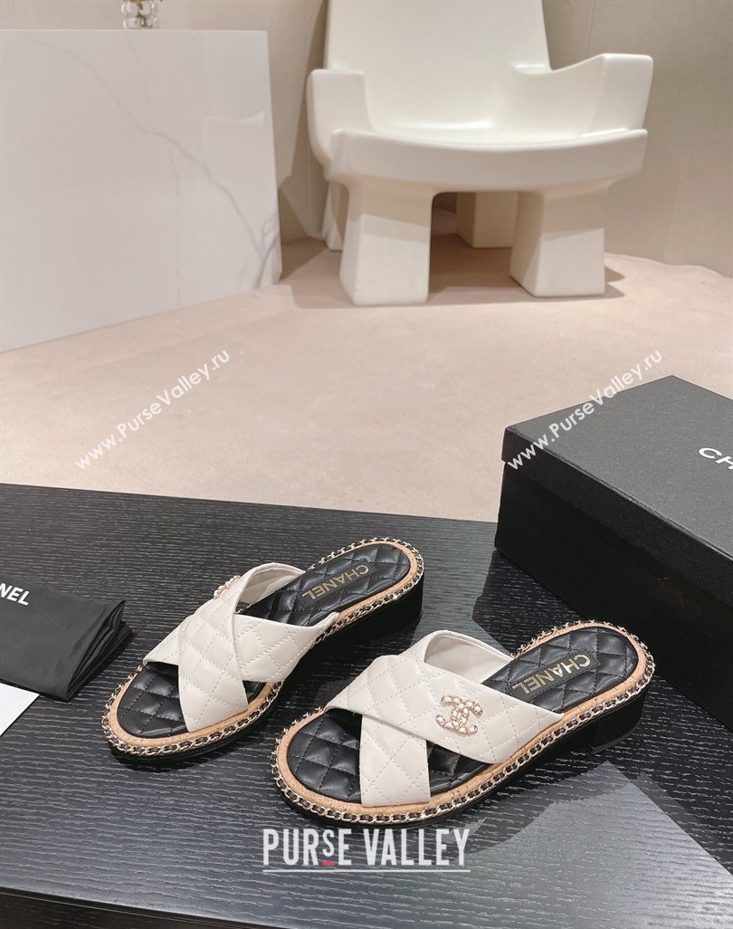 Chanel Quilted Lambskin Heel Slide Sandals 4cm with Chain and Cross Strap White 2024 0423 (MD-240423059)