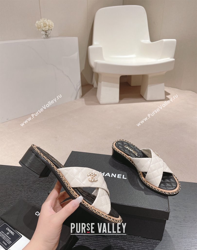 Chanel Quilted Lambskin Heel Slide Sandals 4cm with Chain and Cross Strap White 2024 0423 (MD-240423059)