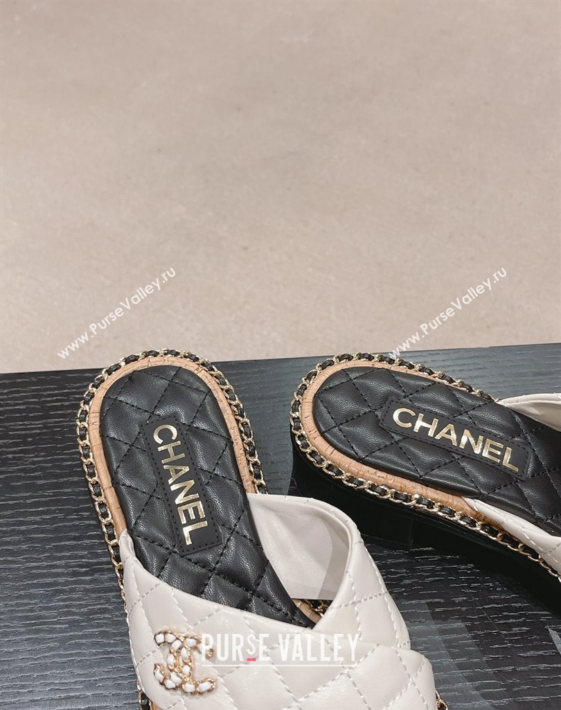 Chanel Quilted Lambskin Heel Slide Sandals 4cm with Chain and Cross Strap White 2024 0423 (MD-240423059)