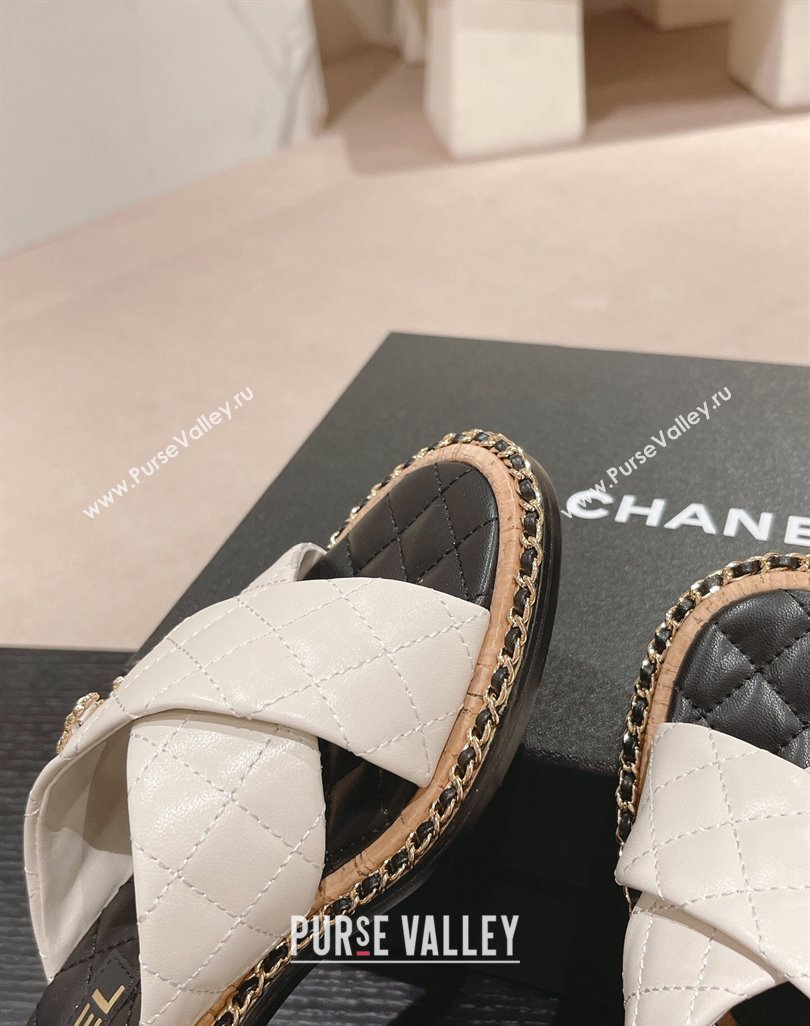 Chanel Quilted Lambskin Heel Slide Sandals 4cm with Chain and Cross Strap White 2024 0423 (MD-240423059)