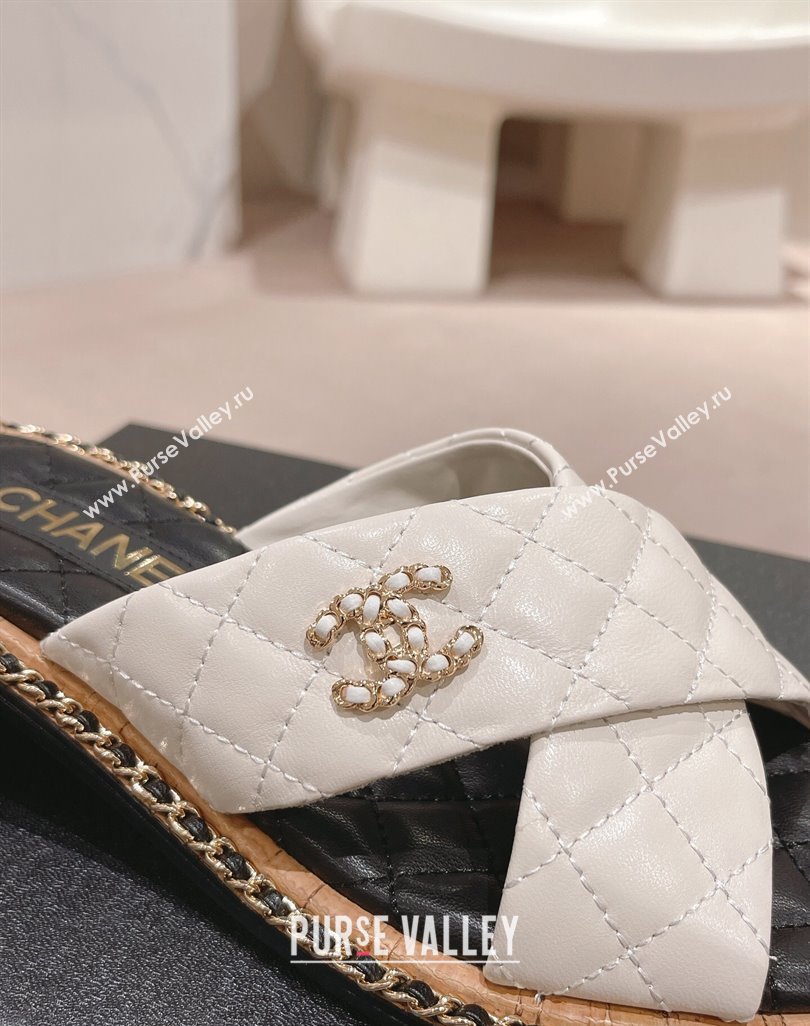 Chanel Quilted Lambskin Heel Slide Sandals 4cm with Chain and Cross Strap White 2024 0423 (MD-240423059)