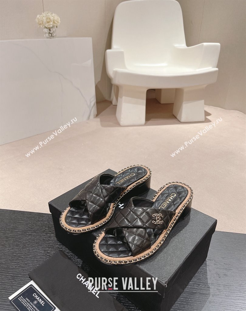 Chanel Quilted Lambskin Heel Slide Sandals 4cm with Chain and Cross Strap Black 2024 0423 (MD-240423060)