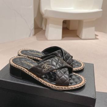 Chanel Quilted Lambskin Heel Slide Sandals 4cm with Chain and Cross Strap Black 2024 0423 (MD-240423060)