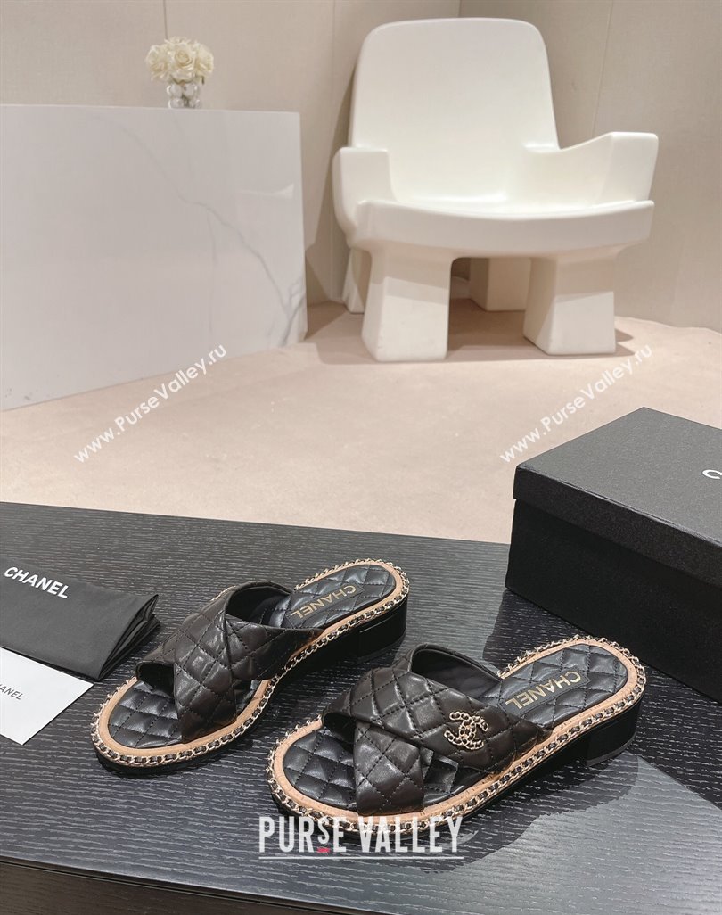 Chanel Quilted Lambskin Heel Slide Sandals 4cm with Chain and Cross Strap Black 2024 0423 (MD-240423060)